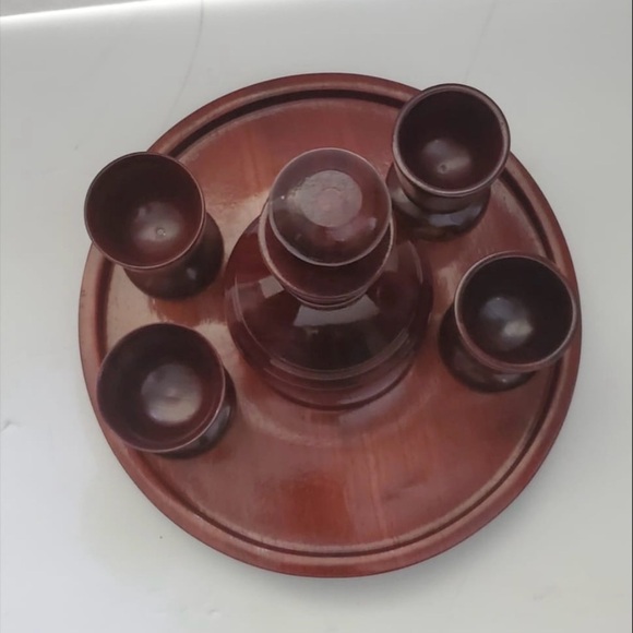 Vintage Wooden Decanter 4 Cups and tray